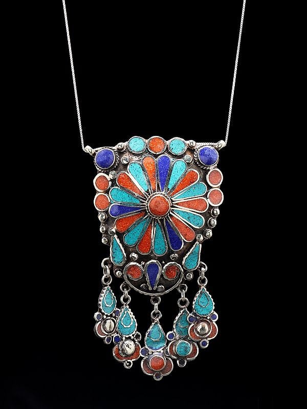 exotic india Imitation Turquoise Coral and Lapis Lazuli Studded Tibetan Style Pendant 