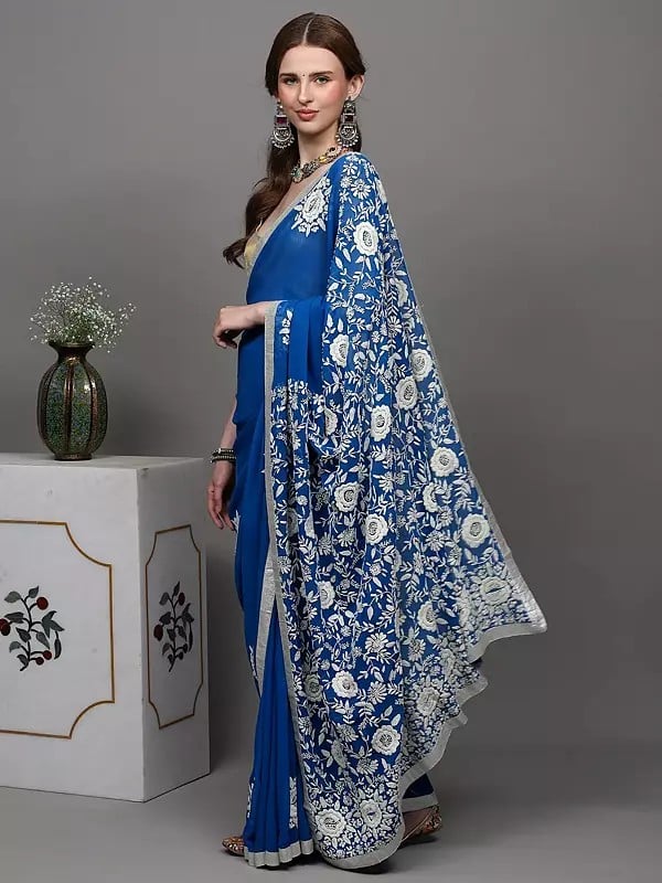 Exotic India Imperial-Blue Phulkari Saree With Hand Embroidered Flowers From Punjab And Lace Border 