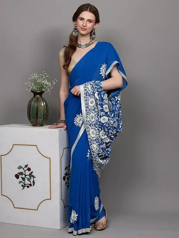 Exotic India Imperial-Blue Phulkari Saree With Hand Embroidered Flowers From Punjab And Lace Border 