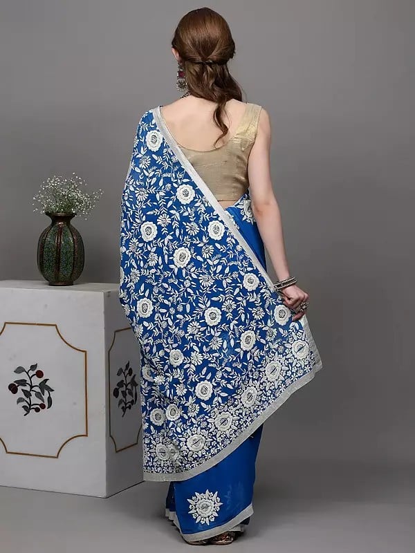 Exotic India Imperial-Blue Phulkari Saree With Hand Embroidered Flowers From Punjab And Lace Border 