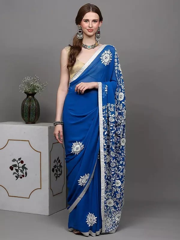 exotic india Imperial-Blue Phulkari Saree with Hand Embroidered Flowers from Punjab and Lace Border 