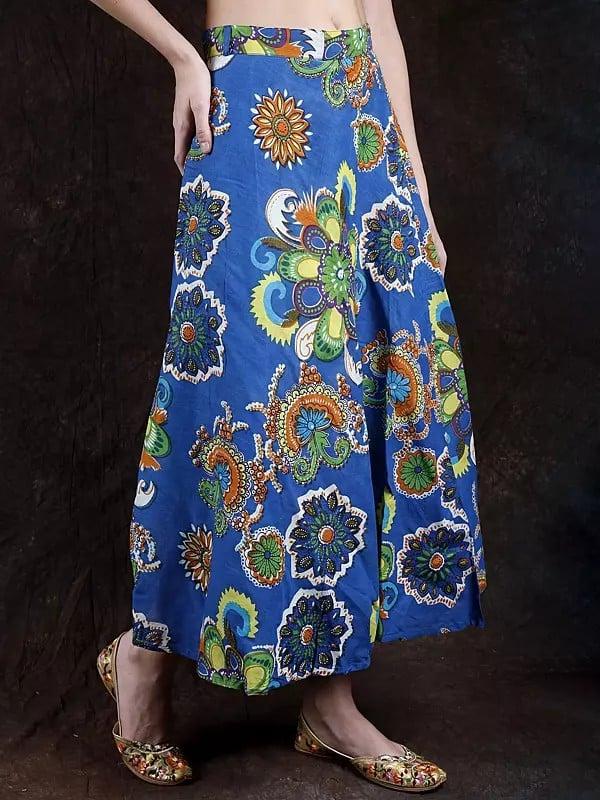 Exotic India Imperial-Blue Wrap-On Skirt With Screen Printed Flowers 