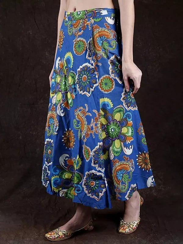 Exotic India Imperial-Blue Wrap-On Skirt With Screen Printed Flowers 