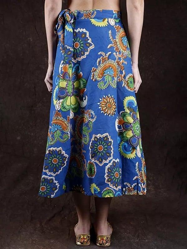 Exotic India Imperial-Blue Wrap-On Skirt With Screen Printed Flowers 