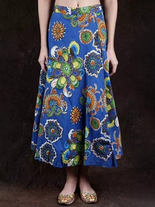 exotic india Imperial-Blue Wrap-On Skirt with Screen Printed Flowers 