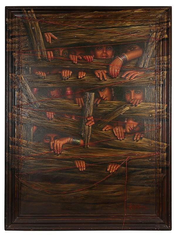 exotic india Imprisoned by Tradition | Oil Painting on Canvas with Frame 