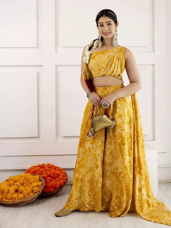 Exotic India Indo-Western Style Embroidery And Print Work Party Wear Viscose Lehenga Choli With Matching Dupatta