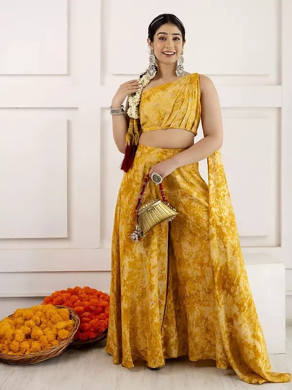 Exotic India Indo-Western Style Embroidery And Print Work Party Wear Viscose Lehenga Choli With Matching Dupatta