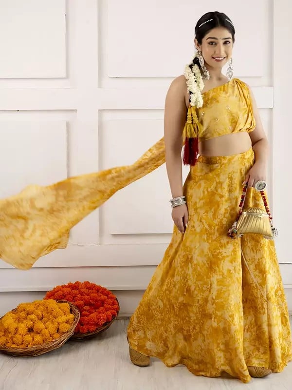 Exotic India Indo-Western Style Embroidery And Print Work Party Wear Viscose Lehenga Choli With Matching Dupatta