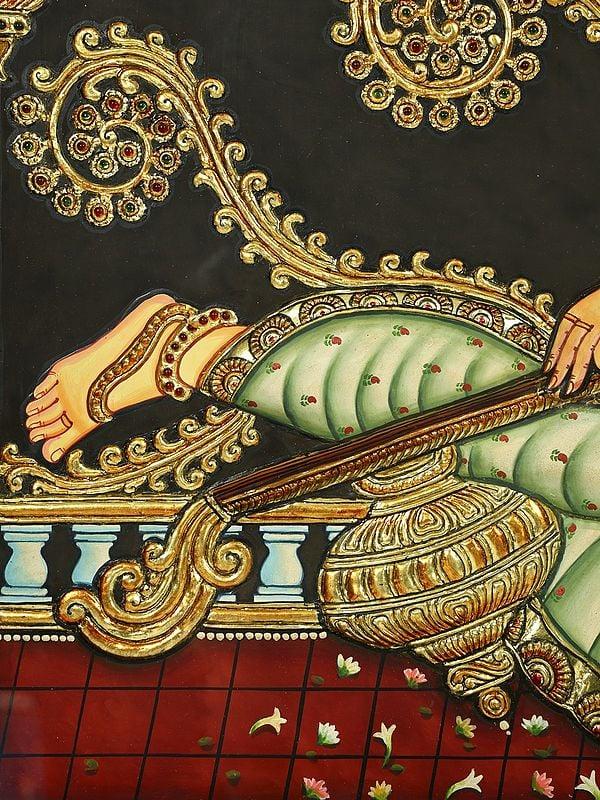 Exotic India Indonesian Saraswati | 24 Karat Gold Work | Framed Tanjore Painting 