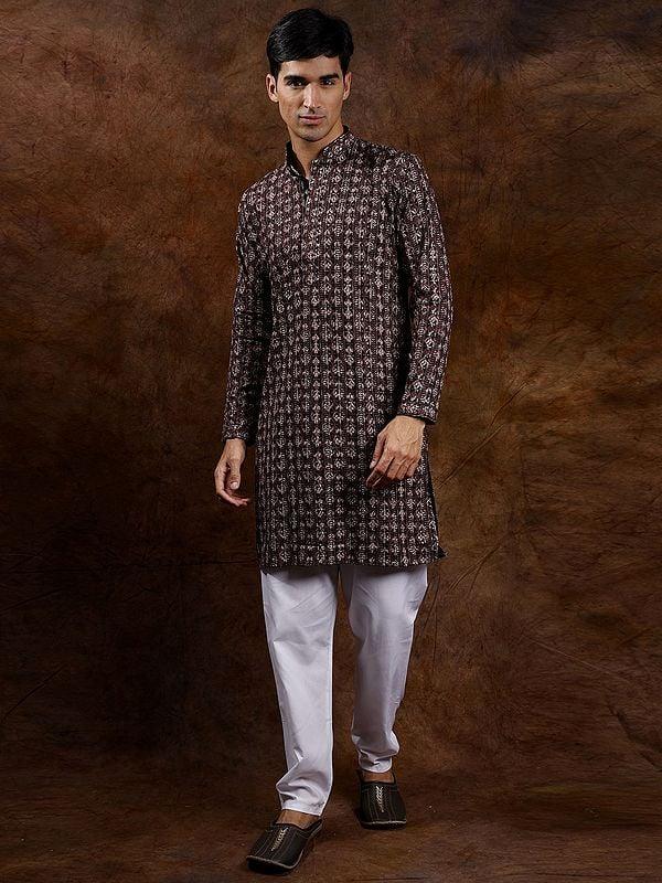Exotic India Intricate Heavy Embroidered Wedding Kurta Pajama With Sequins 