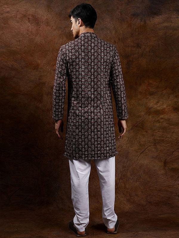 Exotic India Intricate Heavy Embroidered Wedding Kurta Pajama With Sequins 