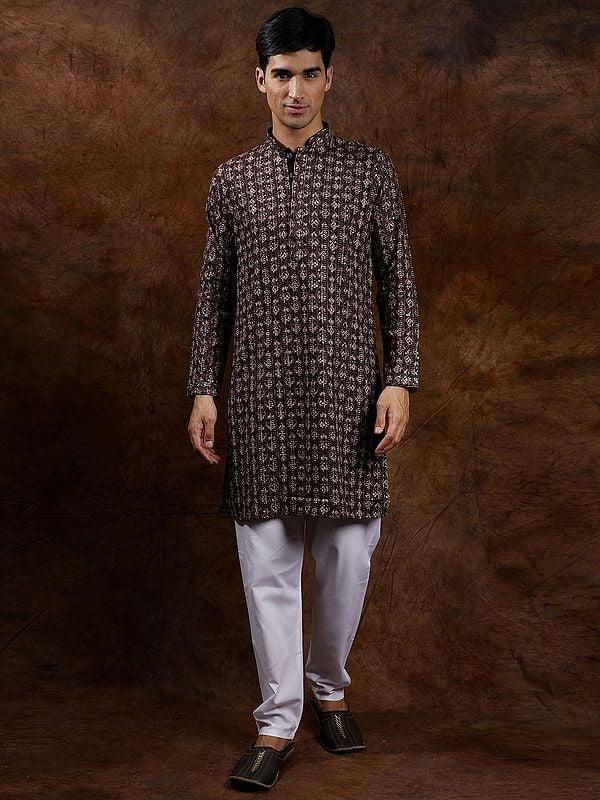 exotic india Intricate Heavy Embroidered Wedding Kurta Pajama with Sequins 