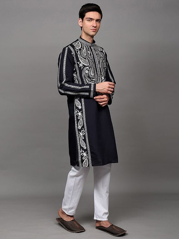 Exotic India Intricate Thread Embroidered Paisleys Motif Kurta With Pant Style Pajama 
