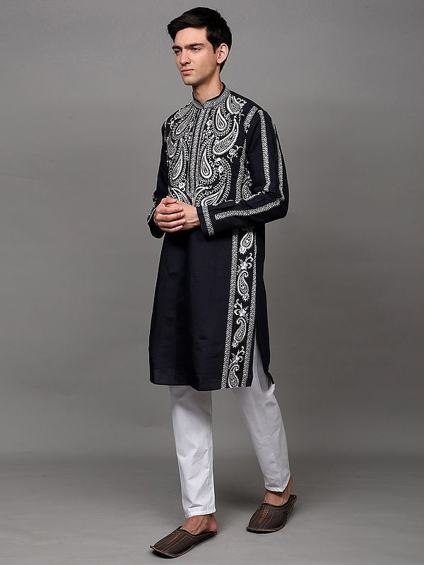 Exotic India Intricate Thread Embroidered Paisleys Motif Kurta With Pant Style Pajama 