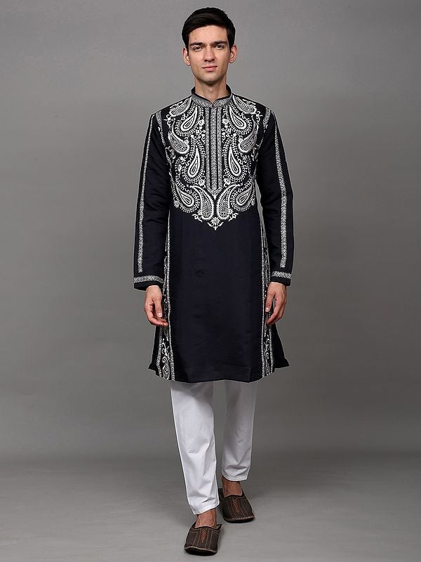 exotic india Intricate Thread Embroidered Paisleys Motif Kurta with Pant Style Pajama 