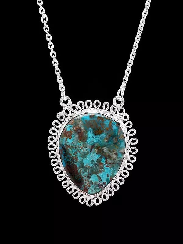 Exotic India Inverted Teardrop Shape Tibetan Turquoise Pendant 