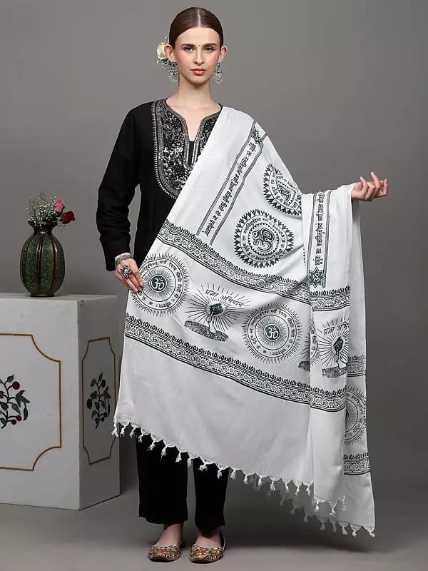 exotic india Ivory and Green Gayatri Mantra Prayer Shawl 