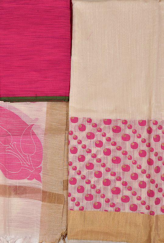 exotic india Ivory Banarasi Salwar Kameez Fabric with Woven Bootis and Golden Border 