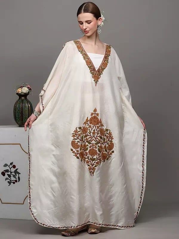 Exotic India Ivory Long Kaftan From Kashmir With Aari Hand-Embroidered Flowers 