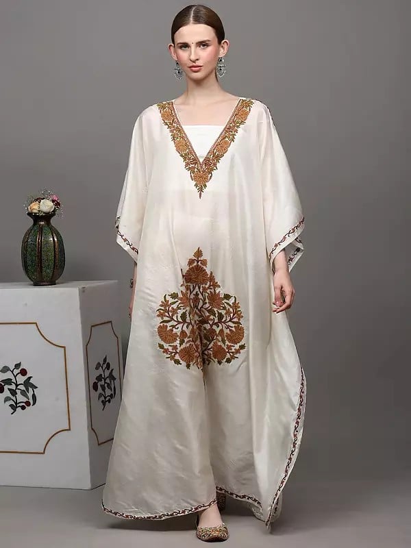 Exotic India Ivory Long Kaftan From Kashmir With Aari Hand-Embroidered Flowers 