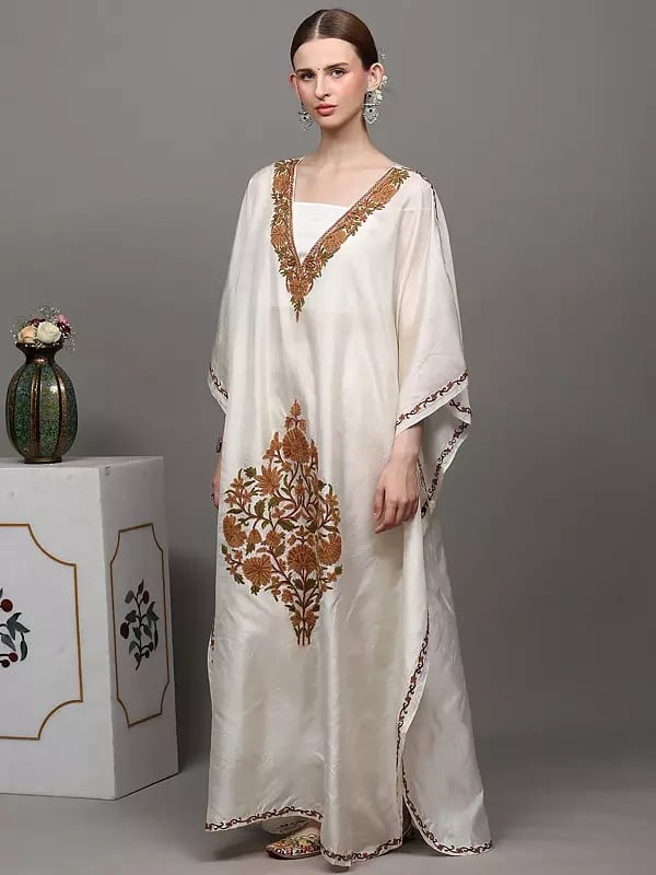 Exotic India Ivory Long Kaftan From Kashmir With Aari Hand-Embroidered Flowers 