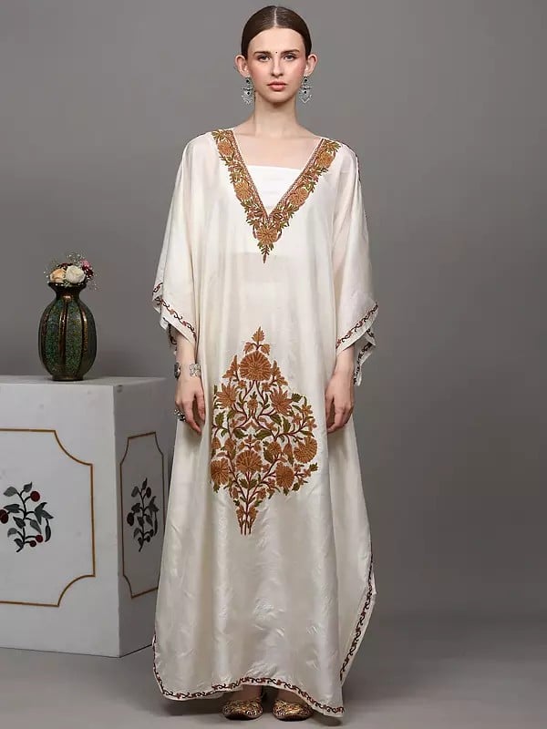 exotic india Ivory Long Kaftan from Kashmir with Aari Hand-Embroidered Flowers 