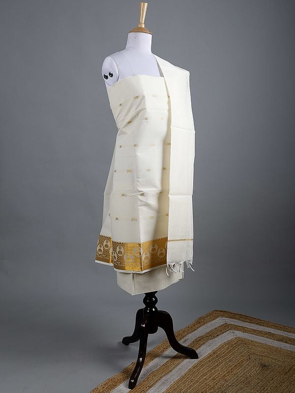 Exotic India Ivory Three Piece Pure Cotton Kasavu Salwar Kameez From Kerala With Zari Woven Bootis 