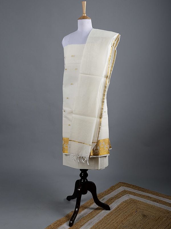 Exotic India Ivory Three Piece Pure Cotton Kasavu Salwar Kameez From Kerala With Zari Woven Bootis 