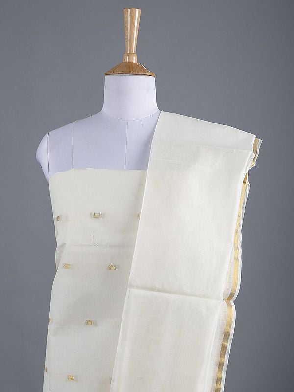 Exotic India Ivory Three Piece Pure Cotton Kasavu Salwar Kameez From Kerala With Zari Woven Bootis 