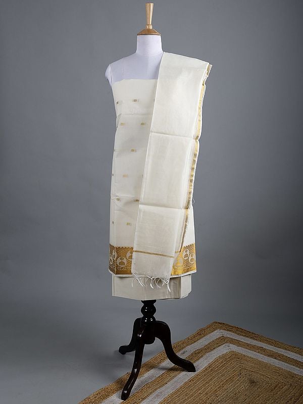 exotic india Ivory Three Piece Pure Cotton Kasavu Salwar Kameez from Kerala with Zari Woven Bootis 