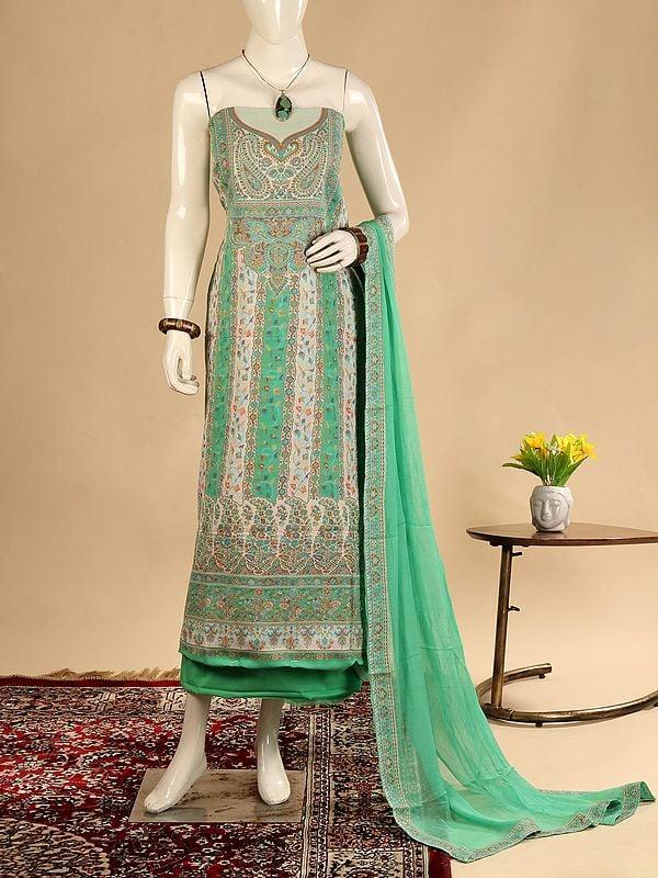 Exotic India Jade-Green Poly Wool Jamawar Salwar Suit Fabric From Amritsar With Dupatta And Multicolor Kani Weave 