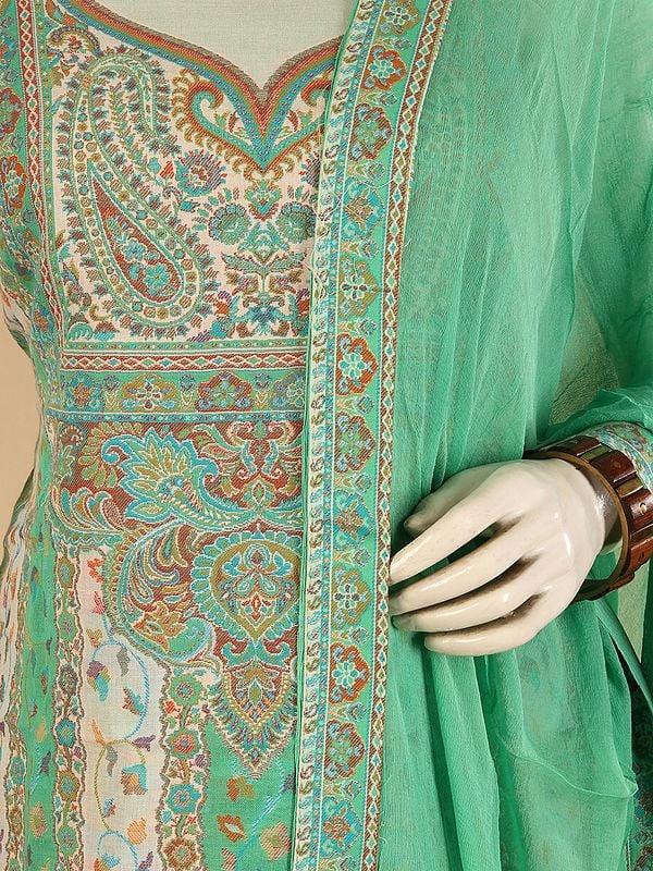 Exotic India Jade-Green Poly Wool Jamawar Salwar Suit Fabric From Amritsar With Dupatta And Multicolor Kani Weave 