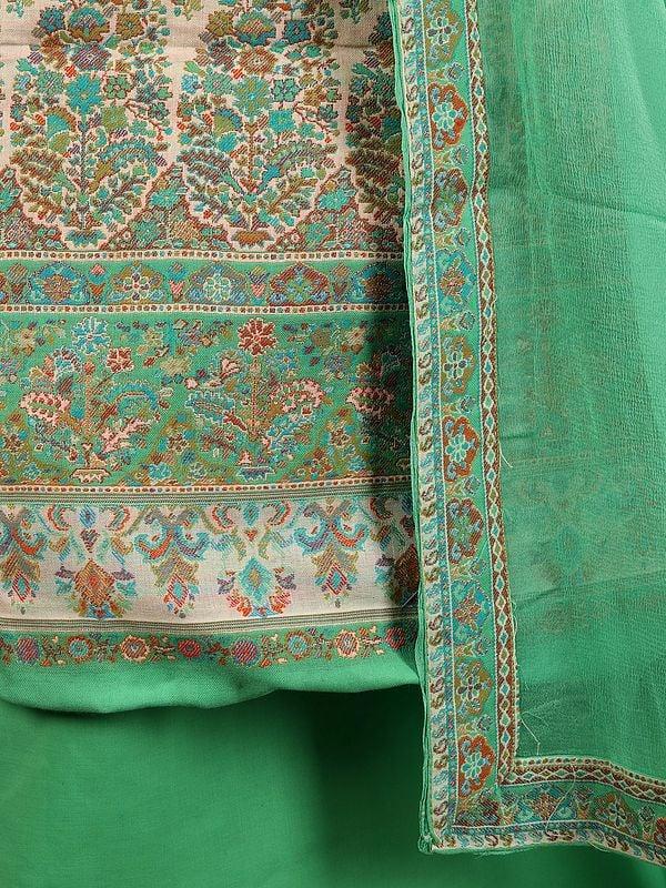 Exotic India Jade-Green Poly Wool Jamawar Salwar Suit Fabric From Amritsar With Dupatta And Multicolor Kani Weave 
