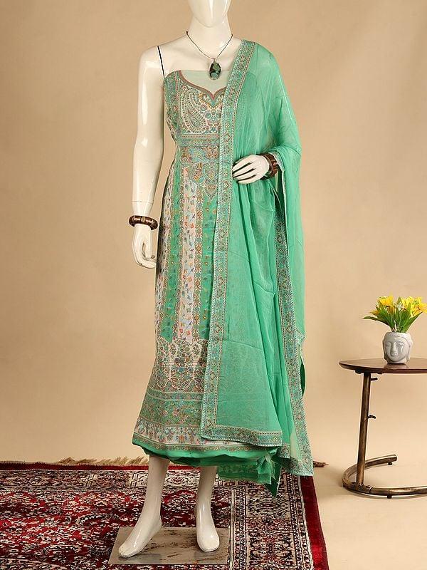 exotic india Jade-Green Poly Wool Jamawar Salwar Suit Fabric from Amritsar with Dupatta and Multicolor Kani Weave 