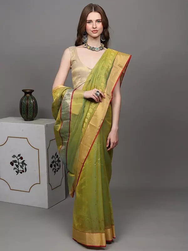 Exotic India Jade-Lime Chanderi Saree With Hand Woven Flowers And Golden Border 