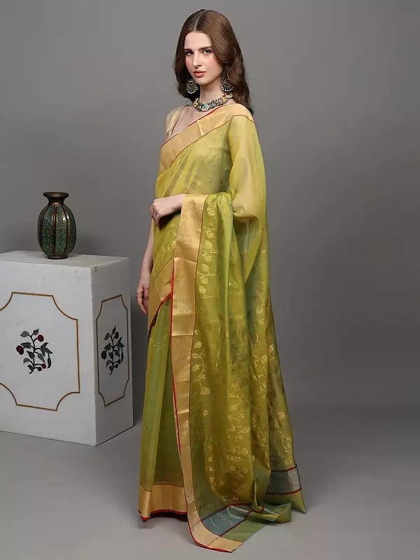 Exotic India Jade-Lime Chanderi Saree With Hand Woven Flowers And Golden Border 