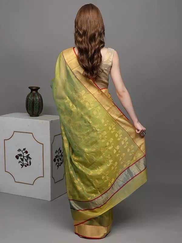 Exotic India Jade-Lime Chanderi Saree With Hand Woven Flowers And Golden Border 