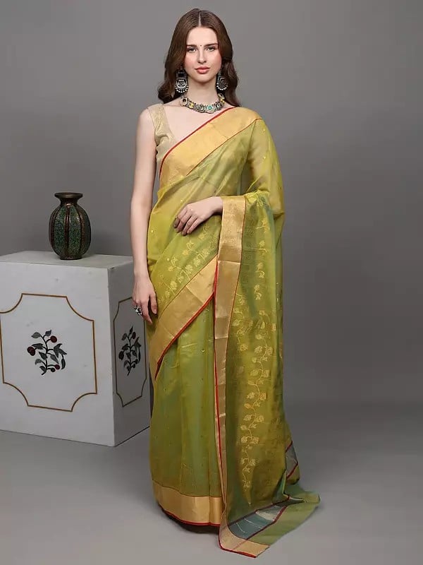 exotic india Jade-Lime Chanderi Saree with Hand Woven Flowers and Golden Border 
