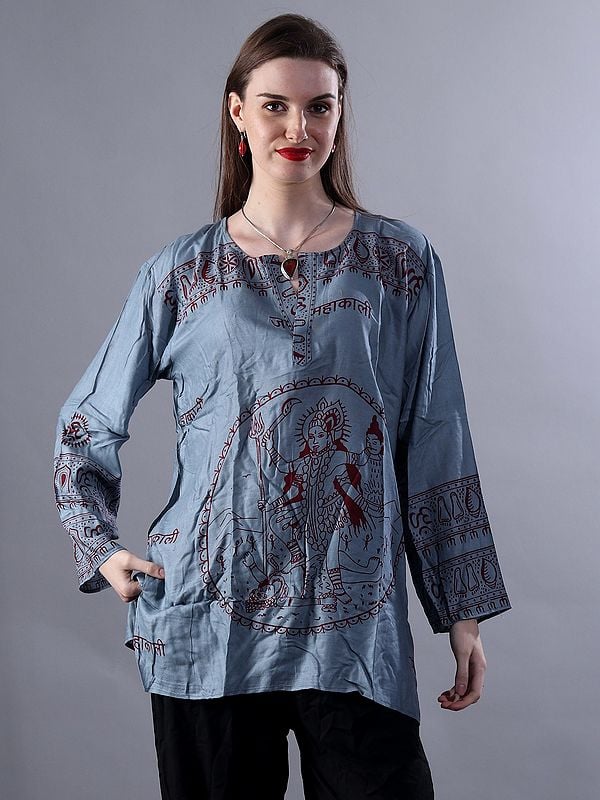 exotic india Jai Mahakaali Printed Short Kurti with Full Sleeves 
