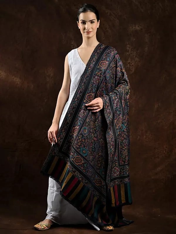 Exotic India Jamawar Shawl With Woven Flowers In Multi-coloured Thread 