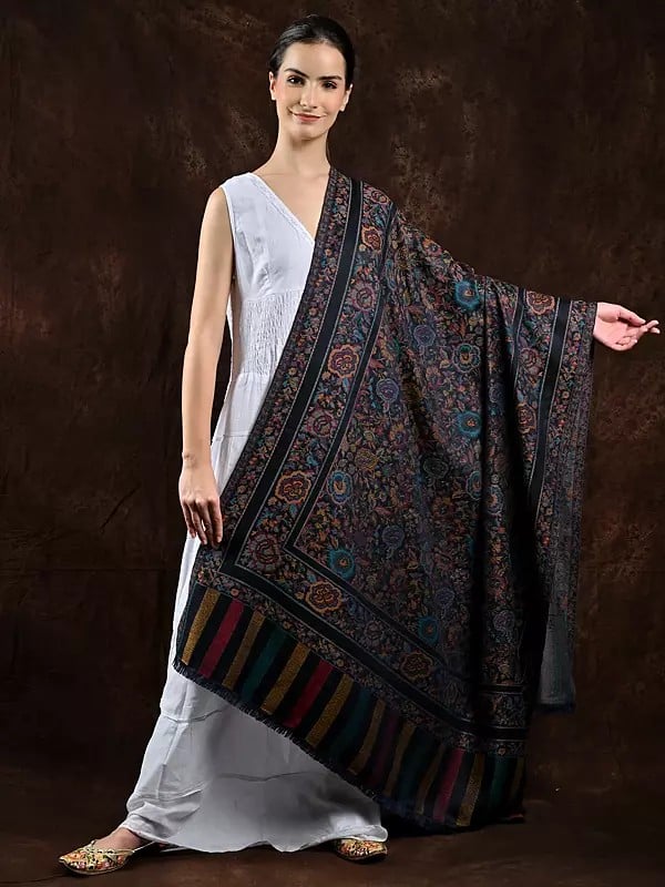 exotic india Jamawar Shawl with Woven Flowers in Multi-coloured Thread 