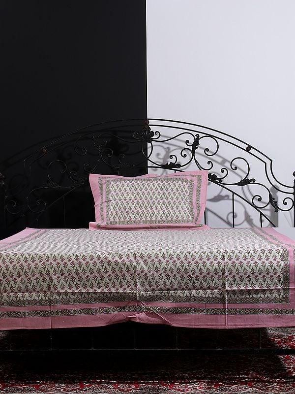 Exotic India Jasmine-White Bagru Floral Motif Handblock Printed Cotton Single Size Bedsheet With One Pillow Cover 