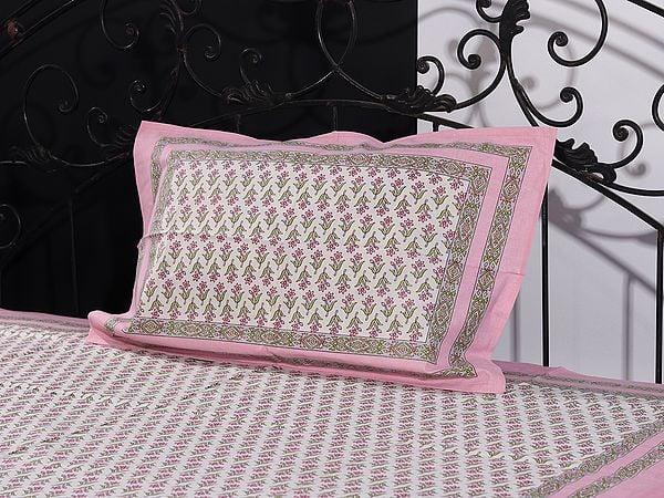 Exotic India Jasmine-White Bagru Floral Motif Handblock Printed Cotton Single Size Bedsheet With One Pillow Cover 