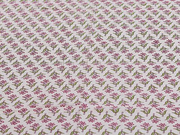 Exotic India Jasmine-White Bagru Floral Motif Handblock Printed Cotton Single Size Bedsheet With One Pillow Cover 