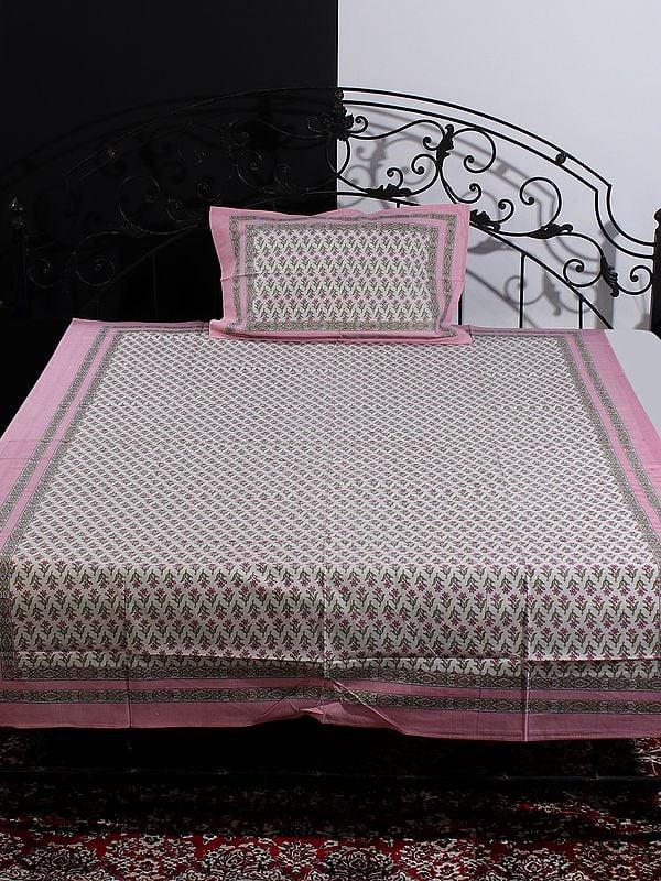 exotic india Jasmine-White Bagru Floral Motif Handblock Printed Cotton Single Size Bedsheet with One Pillow Cover
