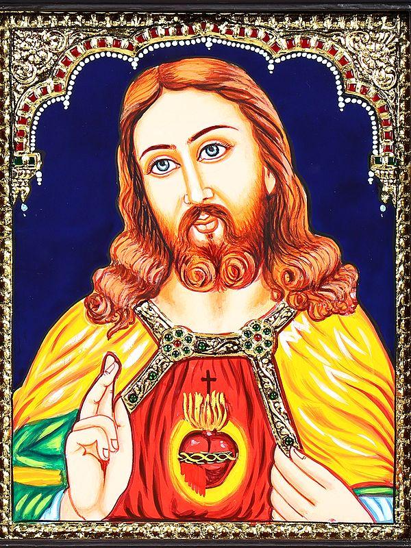 Exotic India Jesus Christ | 24 Karat Gold Work | Framed Tanjore Painting 