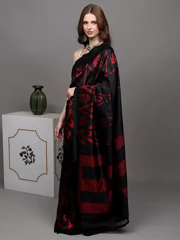 Exotic India Jet-Black Pure Silk Handloom Saree From Pochampally With Single Ikat Weave 