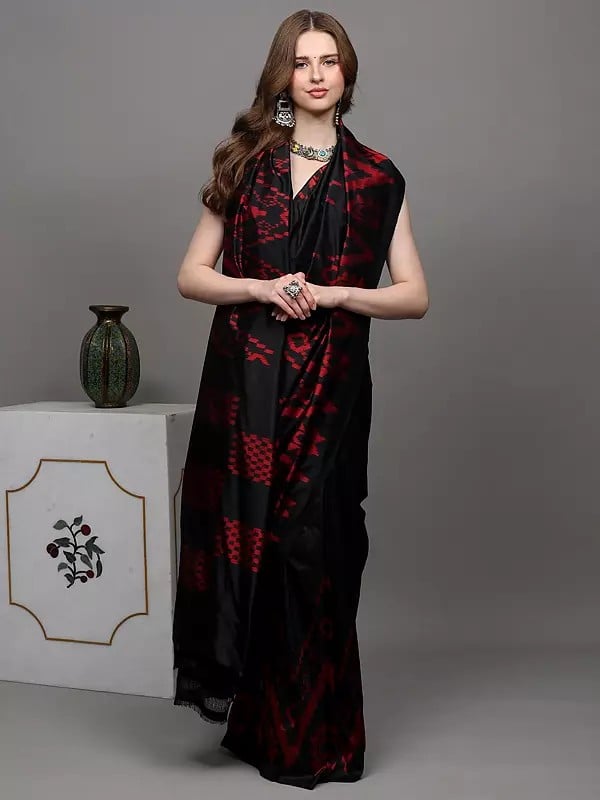 Exotic India Jet-Black Pure Silk Handloom Saree From Pochampally With Single Ikat Weave 