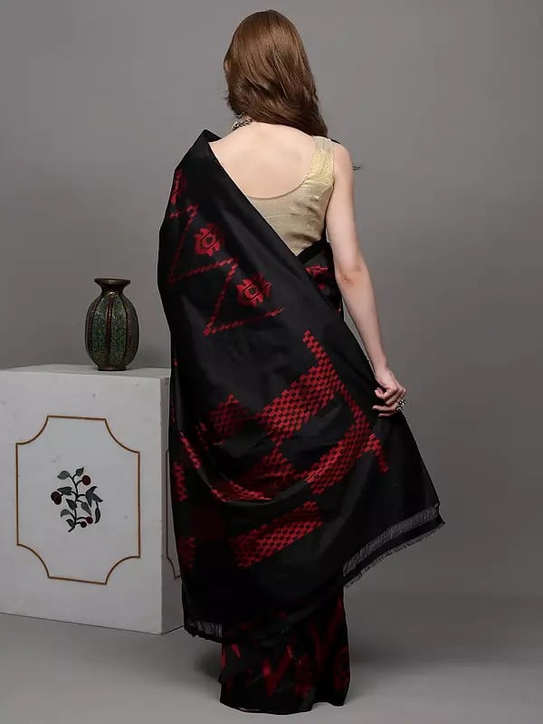 Exotic India Jet-Black Pure Silk Handloom Saree From Pochampally With Single Ikat Weave 